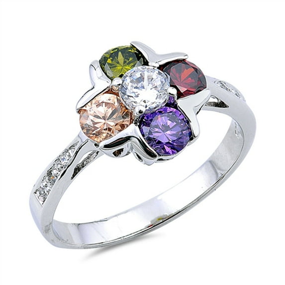 Multi-color Cubic Zirconia Flower Round Ring .925 Sterling Silver Band Jewelry Female Male Size 5