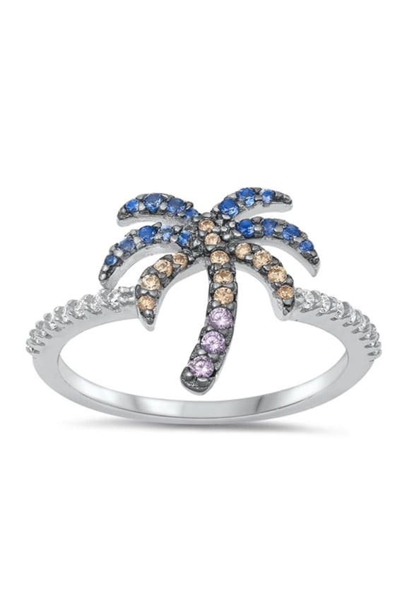 Multi-color Cubic Zirconia Palm Tree Ring .925 Sterling Silver Band Jewelry Female Male Size 10
