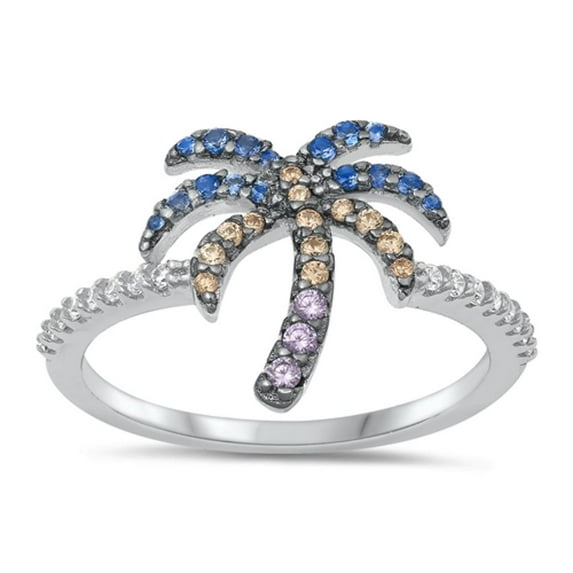 Multi-color Cubic Zirconia Palm Tree Ring .925 Sterling Silver Band Jewelry Female Male Size 5