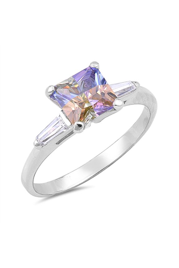 Multi-color Cubic Zirconia Solitaire Square Ring .925 Sterling Silver Band Jewelry Female Size 5
