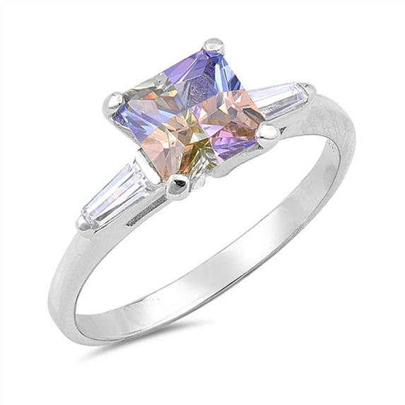 Multi-color Cubic Zirconia Solitaire Square Ring .925 Sterling Silver Band Jewelry Female Size 9