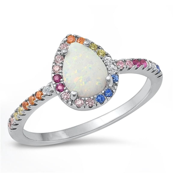 Multi-color Cubic Zirconia White Simulated Opal Ring .925 Sterling Silver Band Jewelry Female Size 6