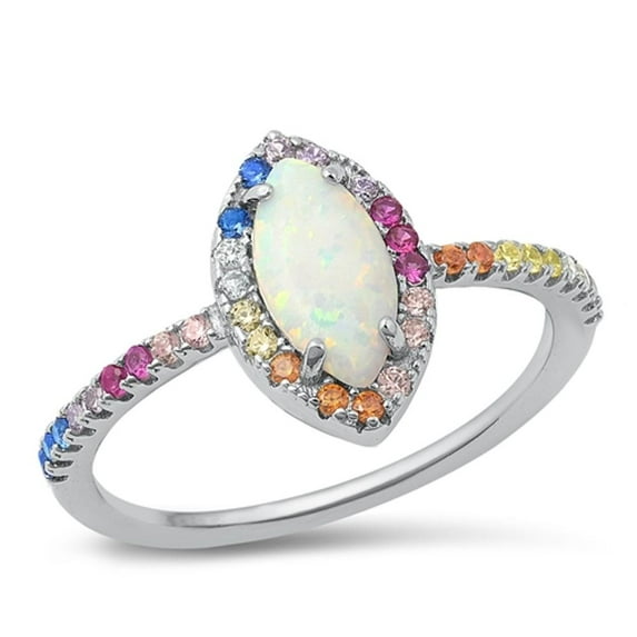 Multi-color Cubic Zirconia White Simulated Opal Ring .925 Sterling Silver Band Jewelry Female Size 7