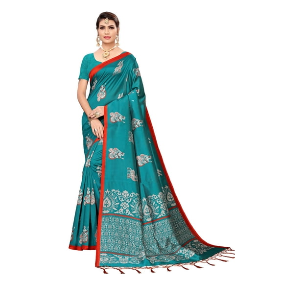 Multi color Mysore Silk saree/sari with running blouse For Women/Girls