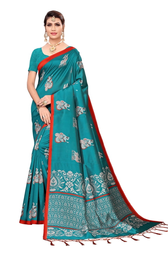 Multi color Mysore Silk saree/sari with running blouse For Women/Girls