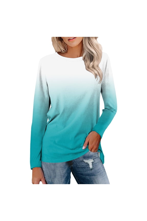 Multi-color Plus Size Tops Womens Casual Summer Tops Gradient Printed Long Sleeve O Neck Tee Shirt Loose Side Split Blouse Tunic Shirts for Women