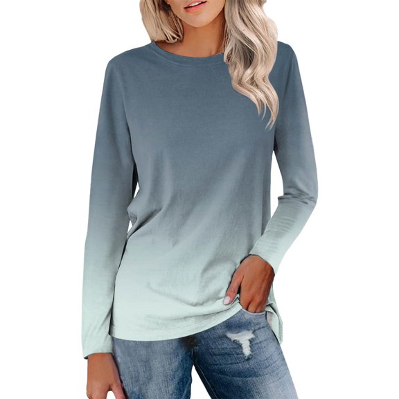 Multi-color Womens Tops Casual Summer Tops Gradient Printed Long Sleeve O Neck Tee Shirt Loose Side Split Blouse Tunic Ladies Tops and Blouses