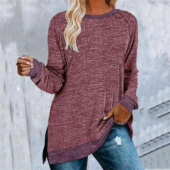 Multi-color Womens Tops Women's Clothing Long Sleeve Round Neck Split Top Loose Casual Pullover Top Shirts for Women