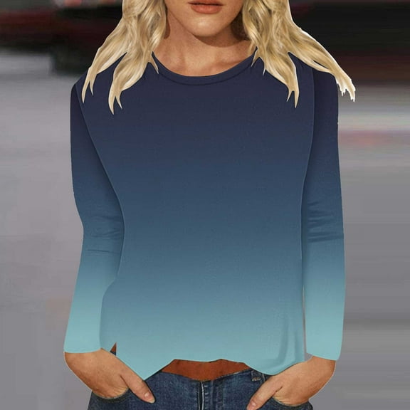 Multi-color Womens Tops Womens Fall Tops Round Neck Long Sleeve Shirts Trendy Slit Hem Loose Fit Casual Printed Blouses Pullover Shirts for Women