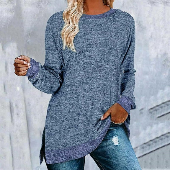 Multi-color Young Adult Tops Women's Clothing Long Sleeve Round Neck Split Top Loose Casual Pullover Top Shirt Plus Size Tops for Women