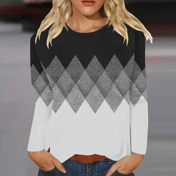 Multi-color Young Adult Tops Womens Fall Tops Round Neck Long Sleeve Shirts Trendy Slit Hem Loose Fit Casual Printed Blouses Pullover Plus Size Tops for Women