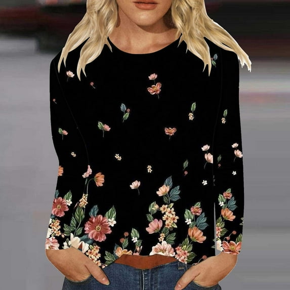 Multi-color Young Adult Tops Womens Fall Tops Round Neck Long Sleeve Shirts Trendy Slit Hem Loose Fit Casual Printed Blouses Pullover Plus Size Tops for Women