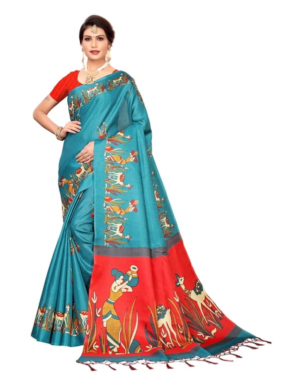 Multi color khadi cotton saree/sari with running blouse For Women/Girls
