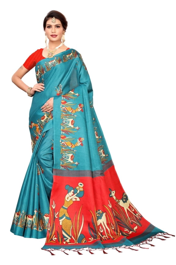 Multi color khadi cotton saree/sari with running blouse For Women/Girls