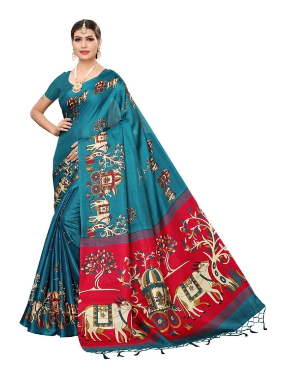 Multi color khadi cotton saree/sari with running blouse For Women/Girls