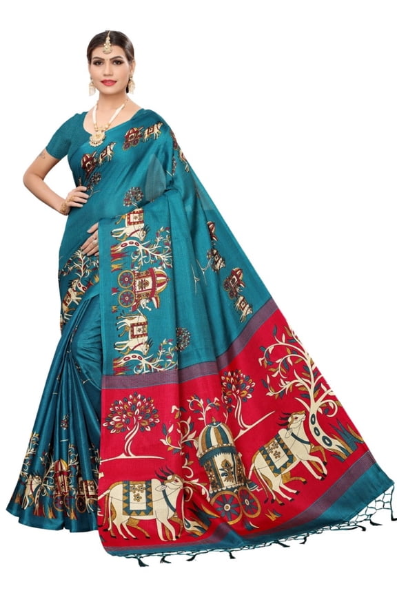 Multi color khadi cotton saree/sari with running blouse For Women/Girls