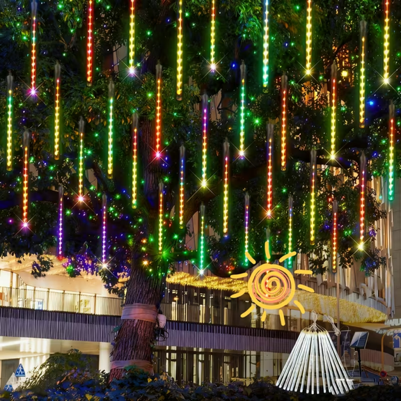 Multi color meteor shower lamp, outdoor solar powered icicle lamp, snowflake falling rain string lamp, Christmas tree lamp, 10 tubes, 11.8 inches, 300 LED, IP44