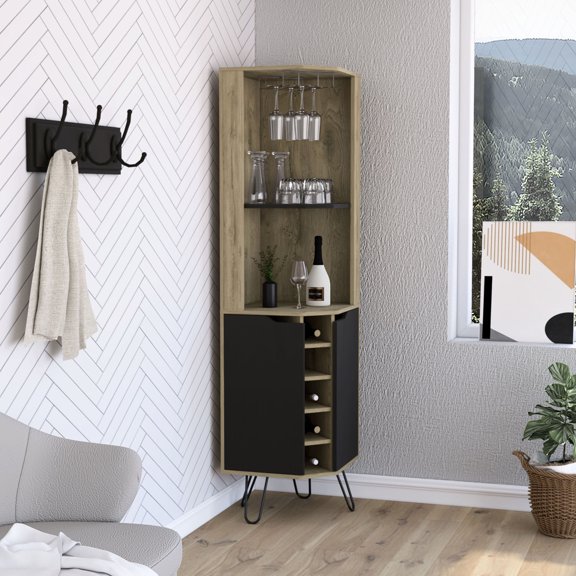 Multi-colored Bar Cabinet - Six Wine Racks and Shelving - Primary Living Space - Improve Room Aesthetics