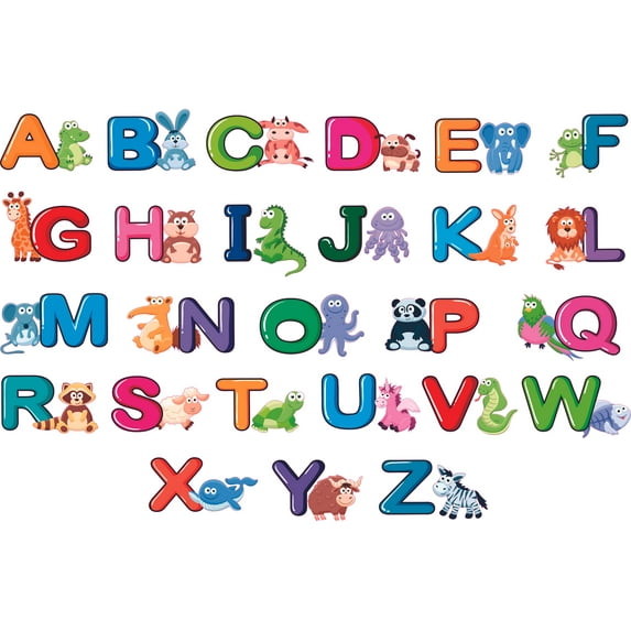 Multi-colored English Alphabet Letters Animals Design Vinyl Educational Wall Decal - 13" x 20" Removable Kids Bedroom Living Room Home Study Area Wall Lettering Art Decor Adhesive Decoration Sticker