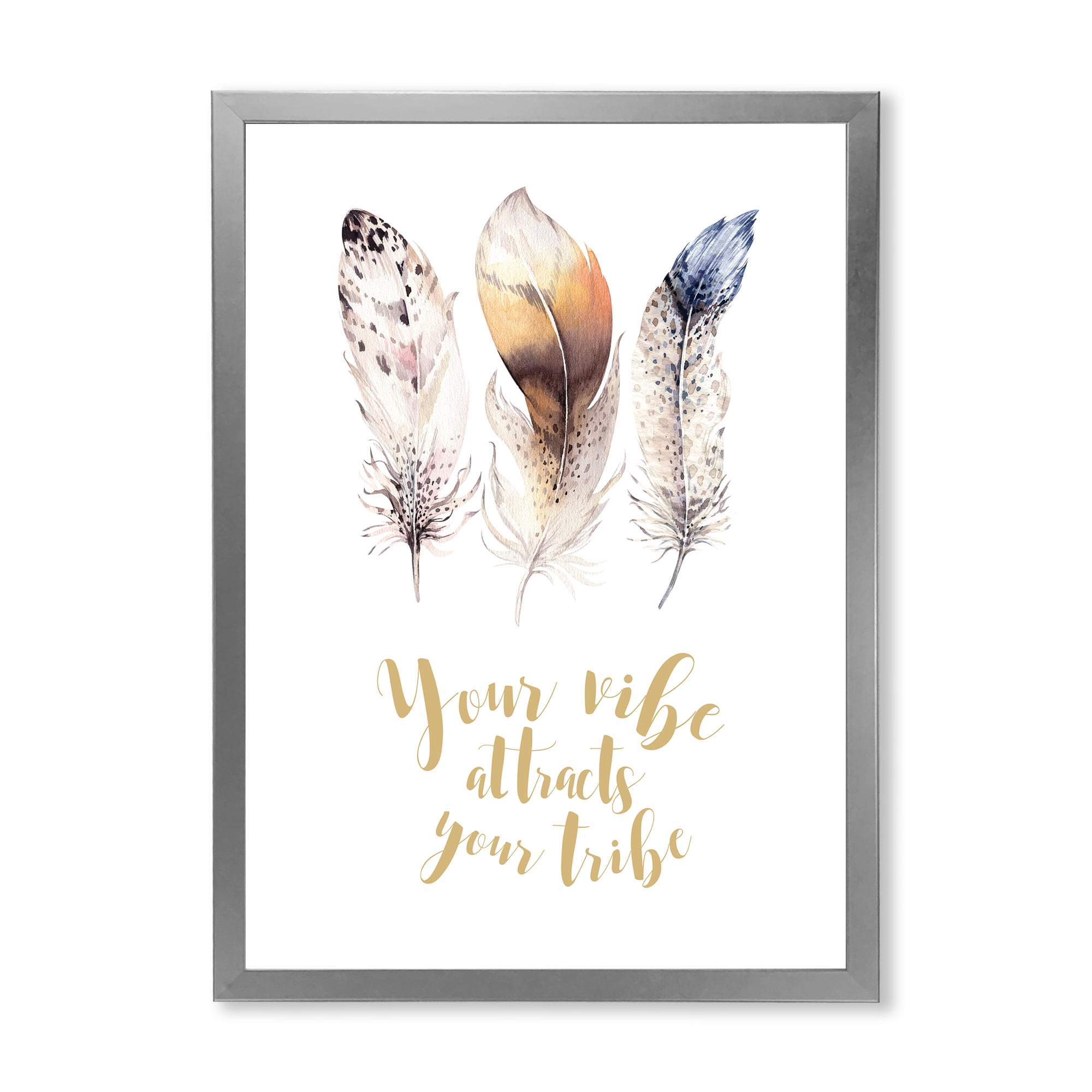 Multi-colored Ethnic Art Feathers With Inspiring Quote 12 in x 20 in Framed Painting Canvas Art Print, by Designart