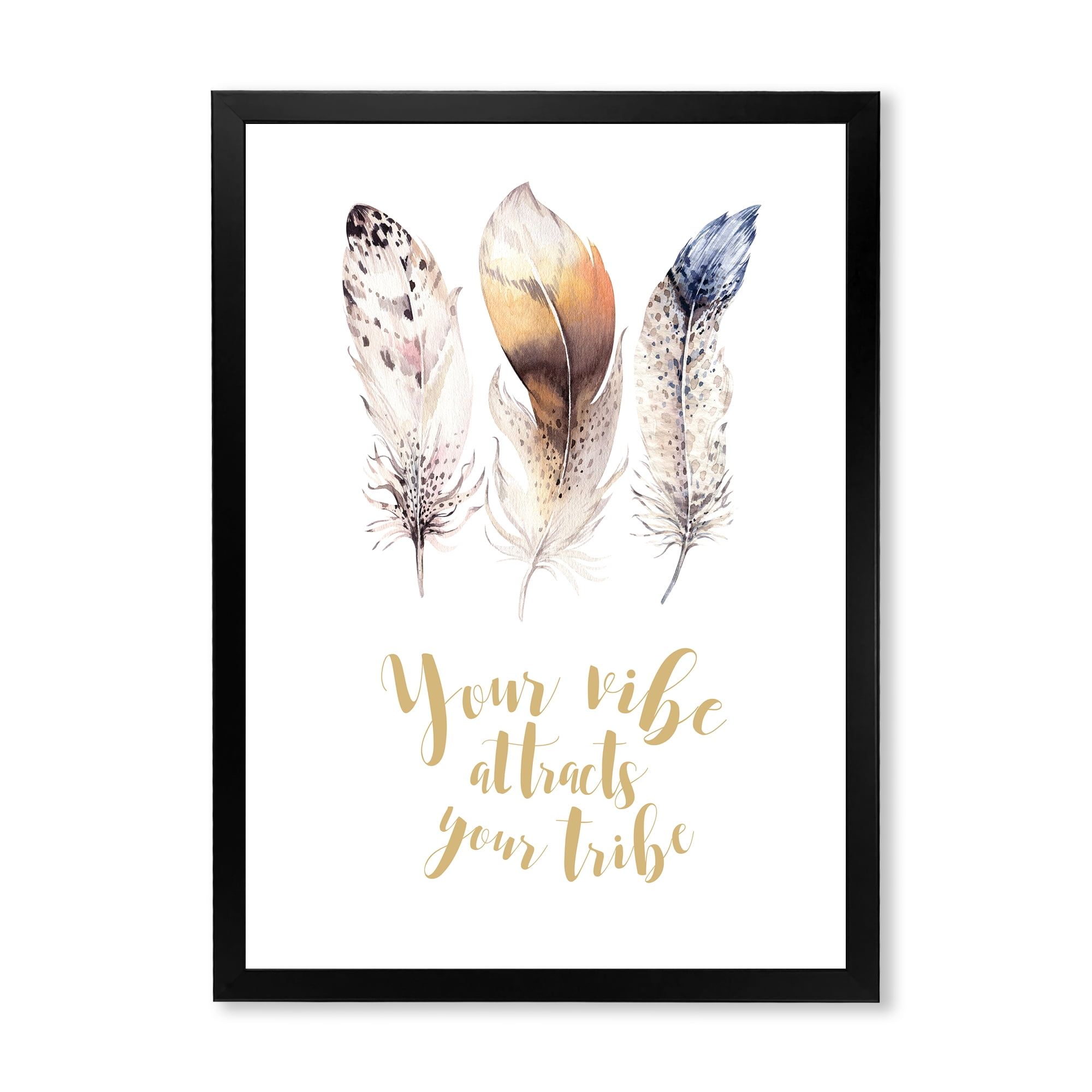 Multi-colored Ethnic Art Feathers With Inspiring Quote 24 in x 32 in Framed Painting Canvas Art Print, by Designart