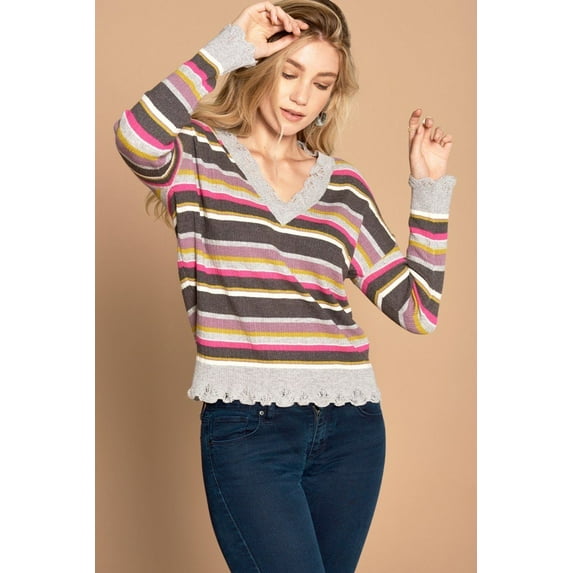 Multi-colored Variegated Striped Knit Long Sleeve V-Neck Sweater M/L Multicolored