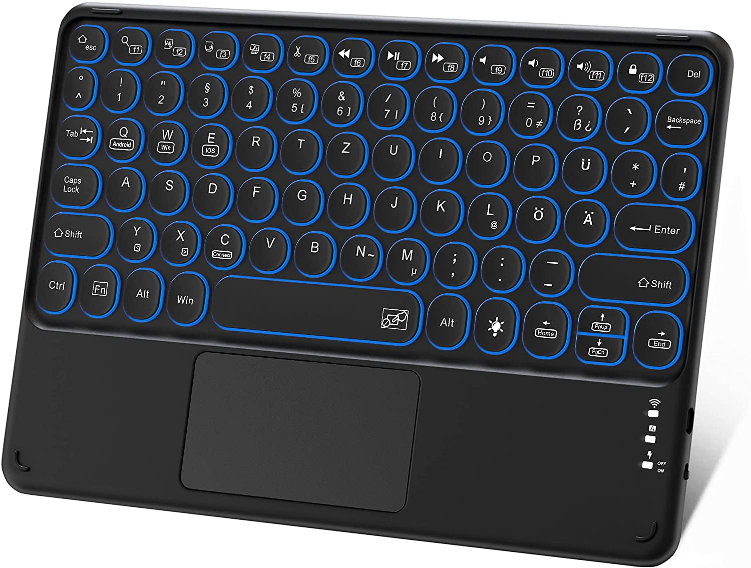 Multi-device Bluetooth Keyboard with Touchpad, Rechargeable Portable Wireless Tablet Keyboard with Touchpad and 7-color Backlight Compatible with IPad, IPhone, IOS Android Windows (black)