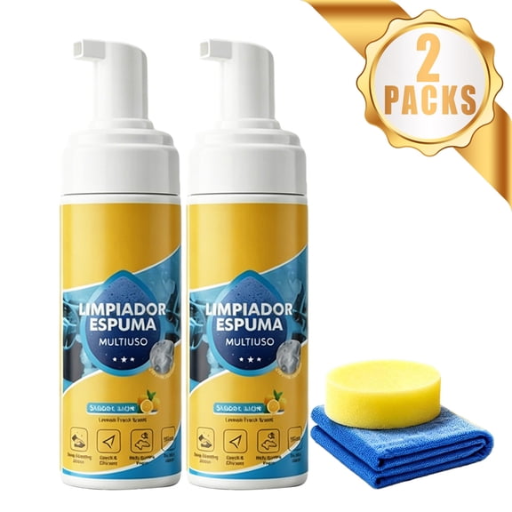 Multi-enzyme foam cleaner, a new type of no-rinse foam cleaner with a lemon scent. Comes with a cleaning sponge and a microfiber cloth. Ideal for deep cleaning car seats, shoes, sofas, and bags,2pcs