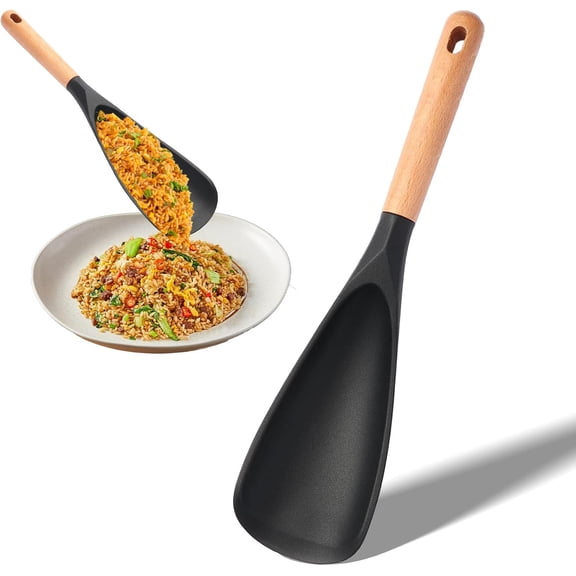 Multi-function Cooking Spoon for Nonstick Cookwares, Multifunction Silicone Spatula Spoon, Great for Both Cooking and Serving, Wood Handle Spoon for Mixing, Scoop, and Scrape