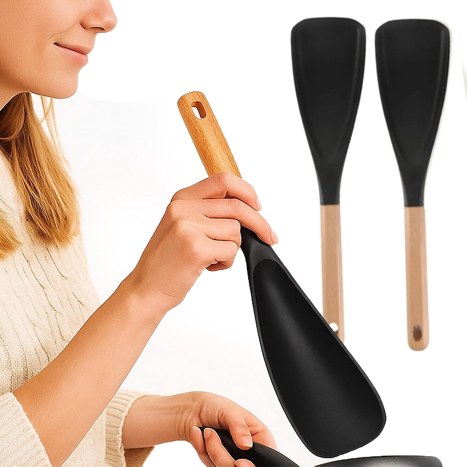 Multi-function Cooking Spoon, Silicone Spoon with Wood Handle, Heat ...