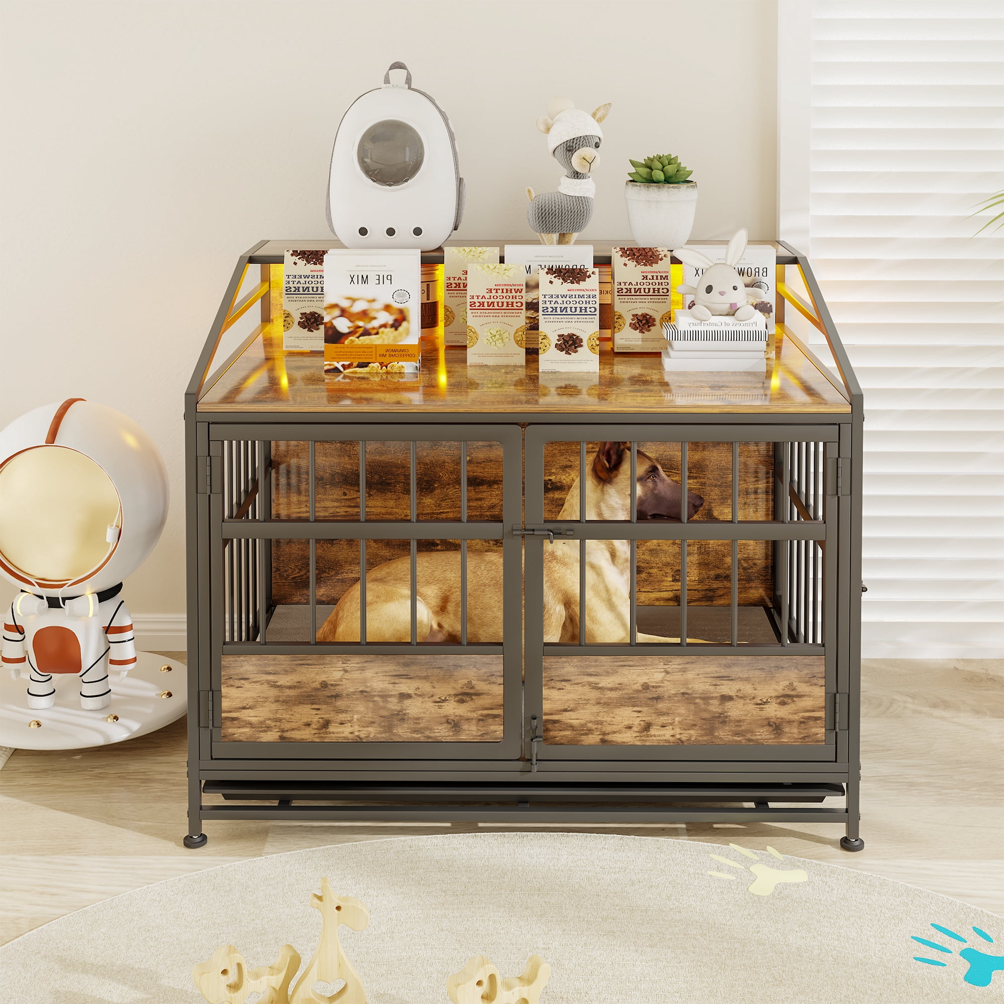 Multi-function Dog Crates with Storage, Furniture Large Wooden Dog Kennel with Double Doors, for Large/Medium Dog Indoor