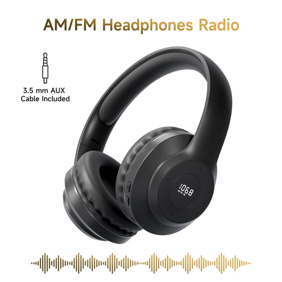 UMUTOO AM/FM Radio Headphones with Big LED Display & 24-Hour Rechargeable Battery Portable Radio Headset for Home, Walking-X5