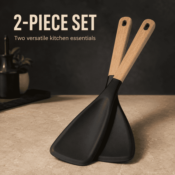 Multi-Function Spatula Spoon, 12.2" New Cooking Spoon for Nonstick Cookwares with Wood Handle, Silicone Cooking Utensils for Kitchen, Matte Multifunction Silicone Spoon for Mixing Scoop (Black, 2pcs)