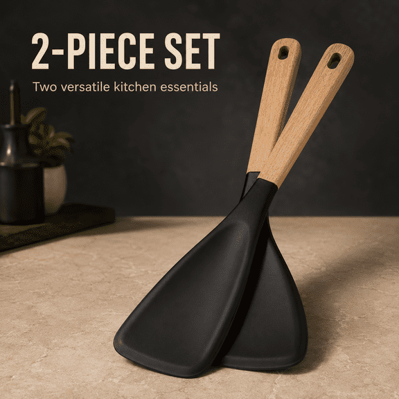 Multi-Function Spatula Spoon, 12.2" New Cooking Spoon for Nonstick Cookwares with Wood Handle, Silicone Cooking Utensils for Kitchen, Matte Multifunction Silicone Spoon for Mixing Scoop (Black, 2pcs)