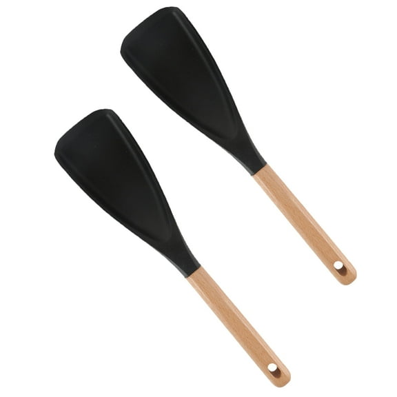 Multi-function Spatula Spoon, 12.2" New Cooking Spoon for Nonstick Cookwares with Wood Handle, Silicone Cooking Utensils for Kitchen, Matte Multifunction Silicone Spoon for Mixing Scoop (Black, 2pcs)