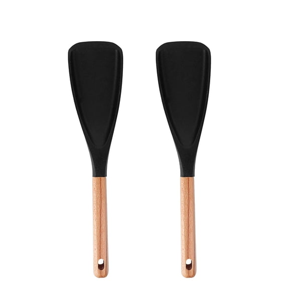 Multi-function Spatula Spoon, Cooking Spoon for Nonstick Cookwares, Silicone Salad Spatula Spoon with Wood Handle, Silicone Cooking Utensils for Kitchen for Mixing, Scoop, and Scrape (Black 2pc)