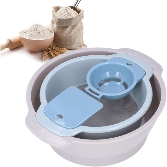 Multi-function Trimming Tray Set, 4 Pcs Stackable Pollen Screen Flour Sieve Kit, Mesh Round Flour Baking Sifter with Bowl Flour Mixer, Flour Scraper, Egg White Separator