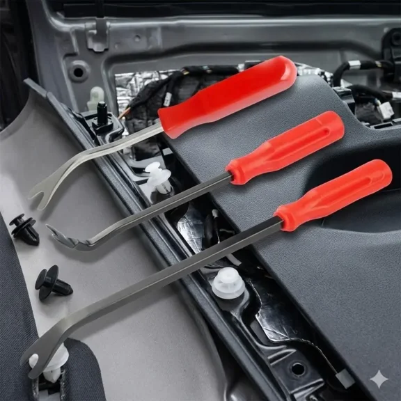 Multi-function car trim removal tool kit with non-scratch pry tools and anti-slip grip. Ideal for dashboard, console, panel removal, auto repair, detailing, installation and DIY maintenance.