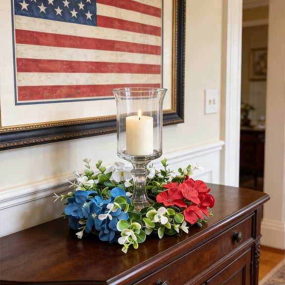 Multi-functional Candle Ring, Red White Blue Flower Wreath, Rustic Tabletop Centerpiece for Chest, Wall, DIY Craft, Home Decor