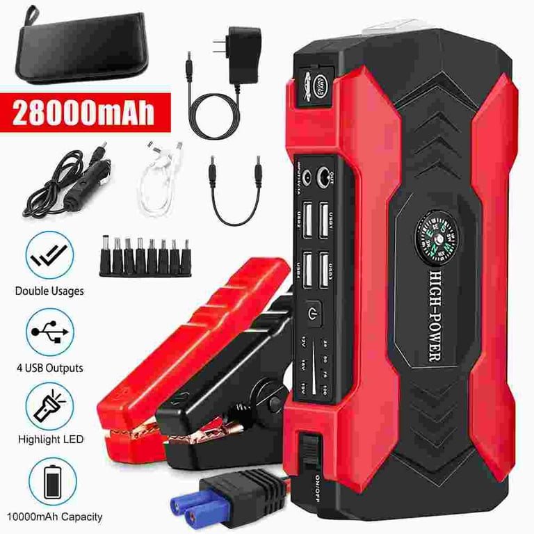 Multi-functional Car Battery Jump Starter 28000mAh Portable Charger Power  Bank for Cell Phone, 4 USB Ports, LED Flashlight, Emergency 12V Auto Power