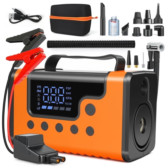 Portable Car Jump Starter with Air Compressor, 8-in-1 Car Battery Chargers with Cordless Handheld Vacuum (8.0L Gas&6.0L Diesel)Jumper Box with 150PSI Tire Inflator, 12V Battery Booster, Holiday Gifts