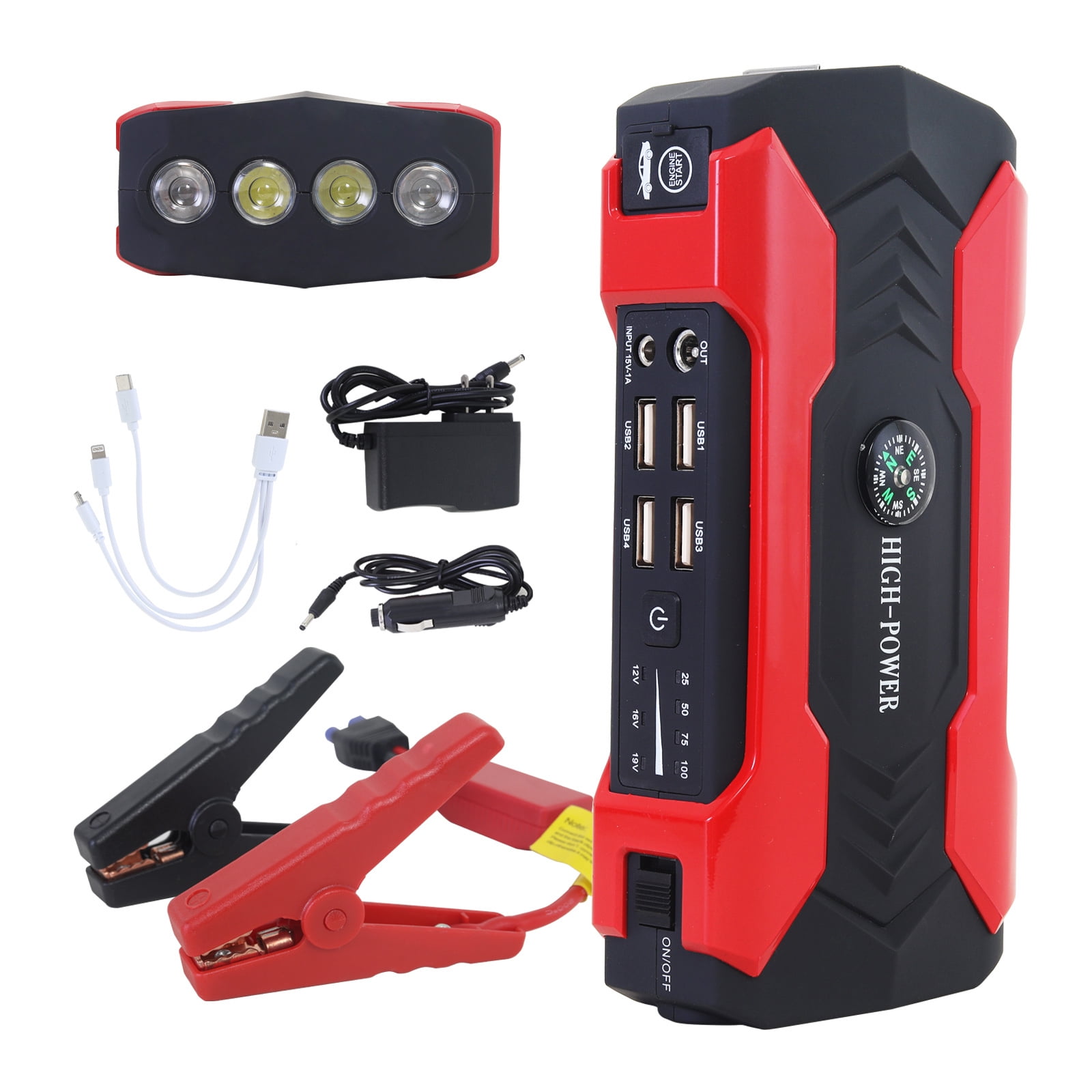 Multi functional Car Battery Jump Starter 99800mAh Portable Charger Power Bank for Cell Phone 4 USB Ports LED Flashlight Emergency 12V Auto Jump