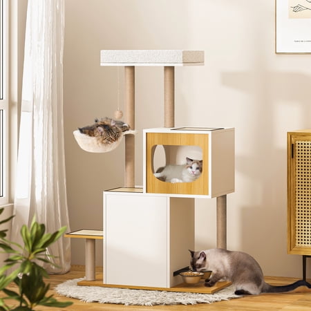 Multi-functional Cat Climbing Frame with 4-Layer Platforms, Heavy-duty Sisal Scratching Posts, Detachable Cat Scratch Mat and Interactive Ball - Cat Climbing Frame