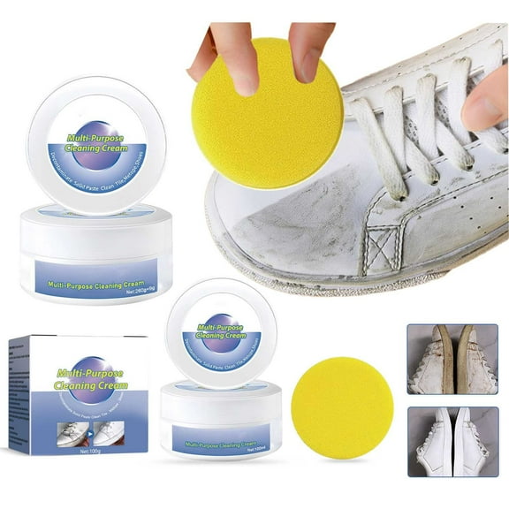 Multi-functional Cleaning and Stain Removal Cream Multipurpose Cleaning Cream White Shoe Cleaning Cream Shoe Cream with Sponge Shoes Decontaminate Solid Cleaning Paste for Shoes, Clothes, Sofa, 9.2 oz