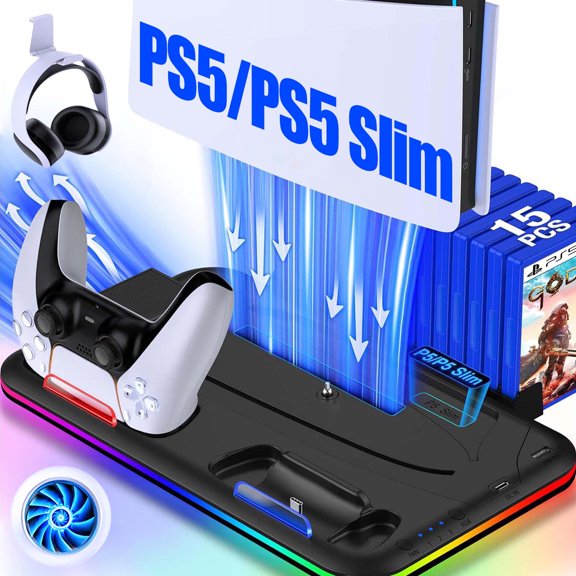 PS5 Cooling Station for PS5/PS5 Slim with Dual Controller Charging Station, Playstation 5 Accessories - Black