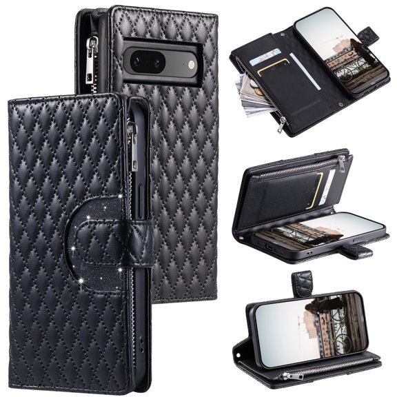 Multi-functional Google Pixel 7case featuring a zipped pocket 9 card slots, glitter accents and a wrist strap,Black