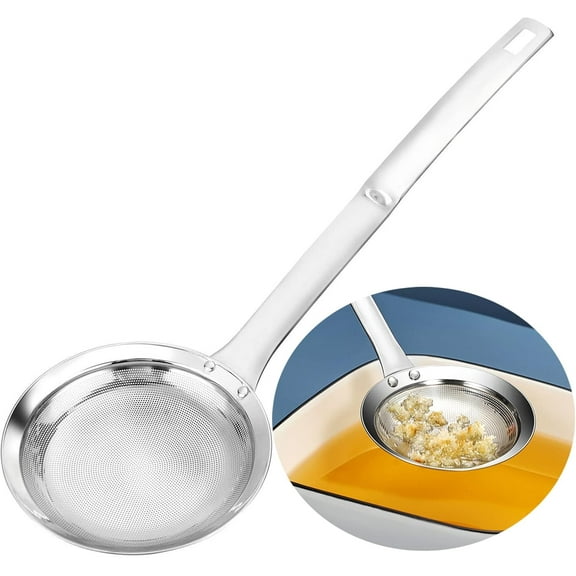 Multi-functional Hot Pot Fat Skimmer Spoon, fine mesh stainless steel colander for Skimming Grease, Foam, and Cooking, 11.7 Inch with Hanging Hole