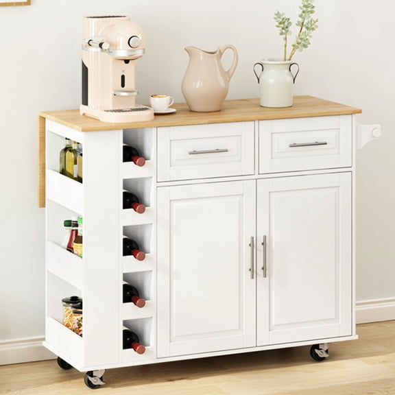 Multi-functional Kitchen Island With 2 Cabinets, Drawers - Beneficial Spice Rack, Towel Holder, Attractive Wine Rubberwood Tabletop (white Practical Wonderful