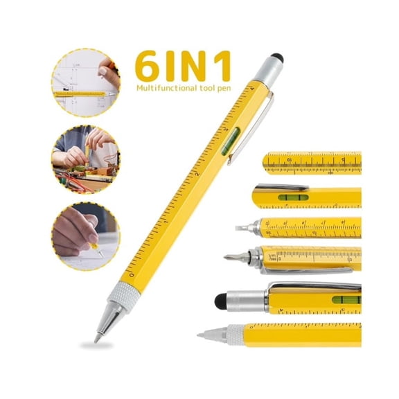 Multi-functional Pen Tools, Cool Gadgets for Men - Stylus Pen, Ruler, Level, Screwdriver - Gift for Dad, Boyfriend, Husband, Friend, Family, or Colleague - Yellow Gift Box + 10 Pen Refills