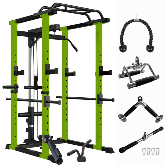 Multi-functional Power Cage 1000Lbs Capacity, Home Adjustable Pullup Squat Rack with Lat Pull-down, Steel Frame Weight Rack for Strength Training, Black+Green